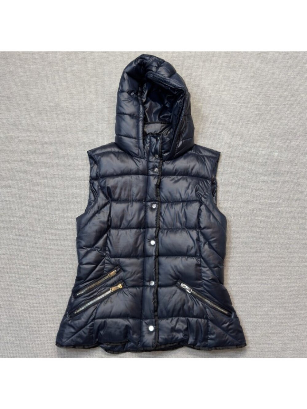 Zara Trafaluc Hooded Puffer Vest Womens Size S Blue Snap Zip Pockets Black Trim - Picture 4 of 16